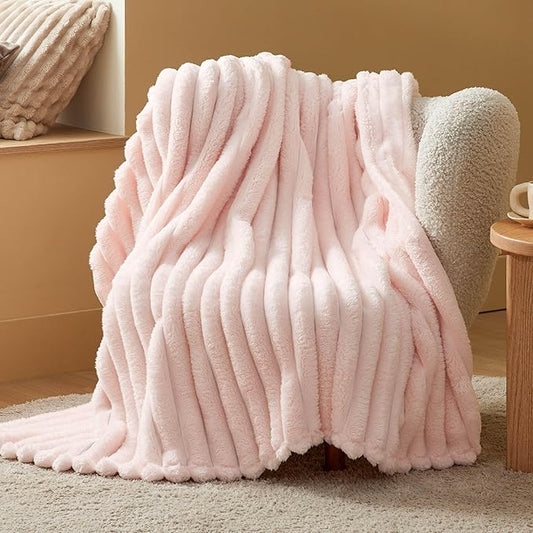 Bedsure Twin Blanket for Bed - 350GSM Super GentleSoft Fuzzy Fluffy Cozy Blankets for Women, Cute Small Plush Fleece Throws for Girls, Pink，60x80 Inches, Wider Striped Design