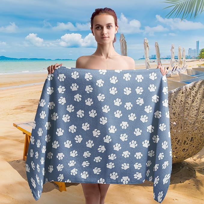 Blue Paws Dog Pet Beach Towel Gifts for Women Dog Lovers Owner, Funny Cute Quick Dry Travel Sand Free Beach Towels Oversized Decor for Bathroom Swimming Pool 30x60in