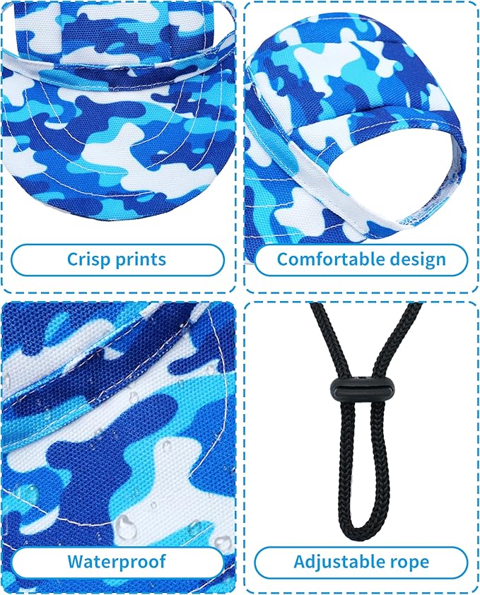 PET SHOW Dog Baseball Cap Camouflage Dog Visors for Small Medium Dogs Summer Waterproof Pet Sun Hats with Ear Holes Adjustable Drawstring Boy Puppy Hat -Blue/M