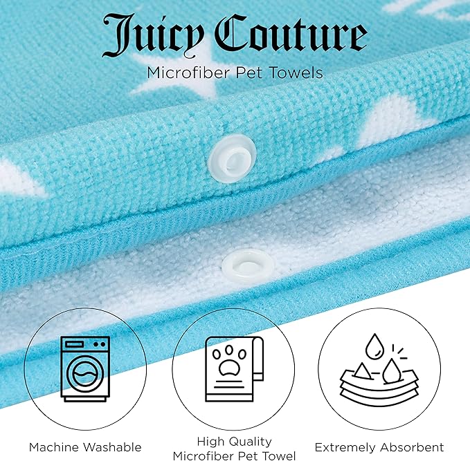 JUICY COUTURE Hooded Towel 100% Microfiber Dog & Cat Drying Towel with Hood & Snap Closure, Absorbent Quick Dry Machine Washable Hooded Towels (Turquoise Blue)