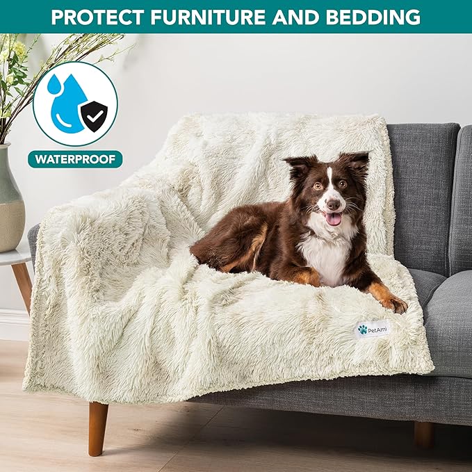PetAmi Waterproof Dog Blanket for Large Dog, Calming Pet Blanket Bed Couch Cover Protector, Washable Sherpa Faux Fur Throw for Sofa Furniture Protection, Soft Fluffy 60x80 Cream Beige
