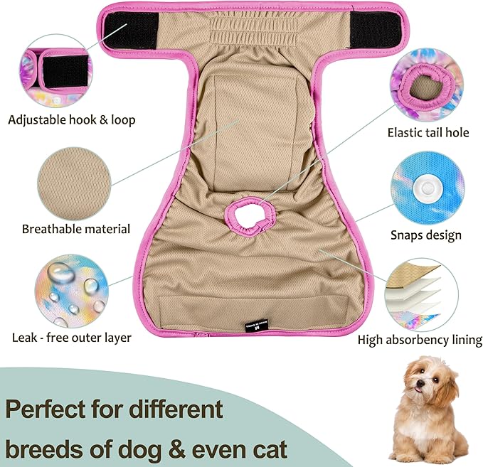 Washable Female Dog Diapers (5 Pack) - Doggie Reusable Small Medium Large Dog Diapers for Doggy Puppy Female in Period - Highly Absorbent Dog Heat Panties,S Plus,Rainbow