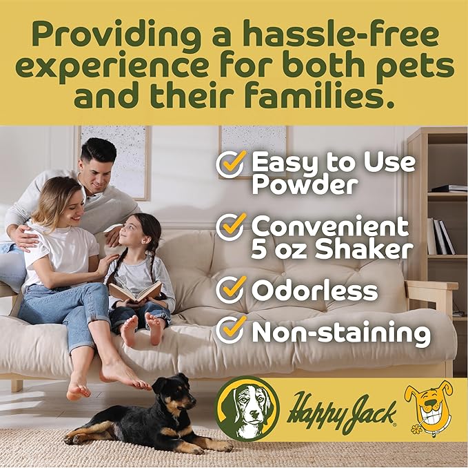 Happy Jack Flea and Tick Powder for Dogs & Puppies, Flea Powder for Flea Treatment & Control, Kills Pests, Ticks & Lice, Odorless & Non-Staining, Dust on Sleeping Quarters & Dogs (5 oz)