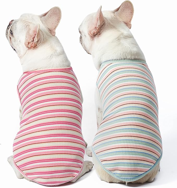 Dog Shirts Vest Cotton Striped T-Shirt, Sleeveless Stretchy Pet Clothes for Small Dogs, 2-Pack Soft Breathable Puppy Tank Top Cat Tee (Medium, Pink,Rose)
