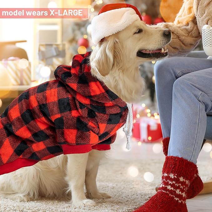 Dog Hoodie for Large Meidum Small Dogs, Winter Plaid Fleece Warm Hooded Dog Hoodies Christmas Pet Sweatshirt Clothes with Pockets for Cold Weather (S-XXL)