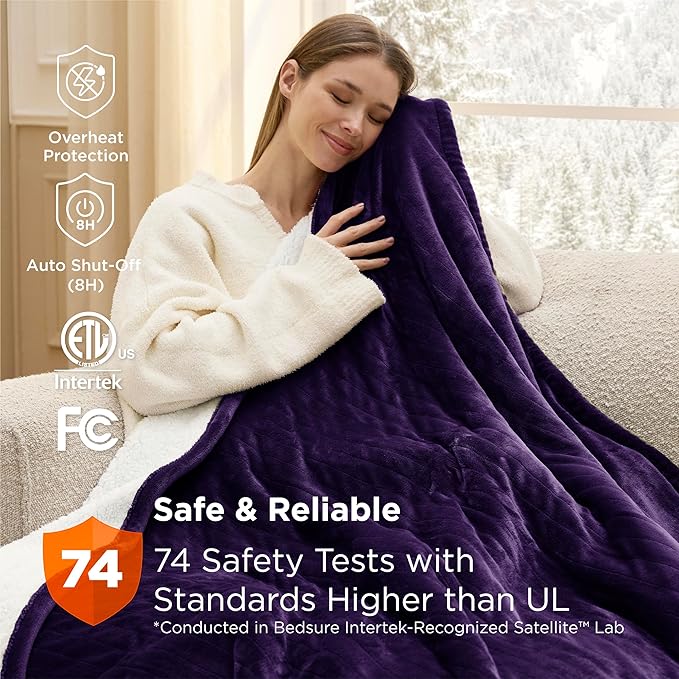 Bedsure Heated Blanket Throw Blanket - Fast Heating Electric Blanket, Soft Flannel Throw with 6 Time Settings(Up to 10H), 6 Heating Settings, Gifts for Grandma & Grandpa & Seniors (50"x60", Purple)