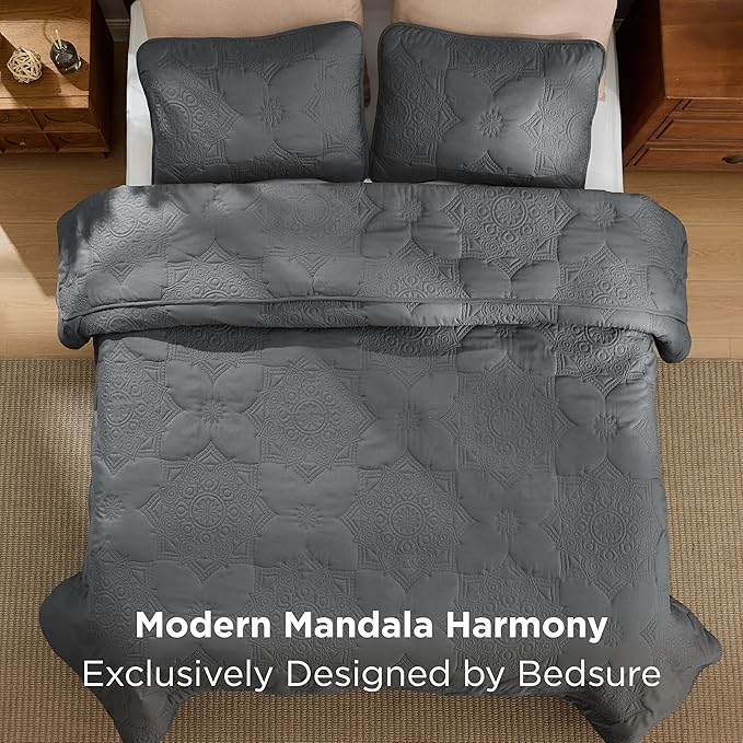 Bedsure King Size Quilt - Stitch-Free Ultrasonic Quilting, Dark Grey Bedspread with Modern Vintage Mandala Embossed Pattern, Lightweight All-Season Comforter & Coverlet, 106 x 96 Inches | Stitch-Free Quilting, Ultra Soft, Lightweight, Machine Washable,...