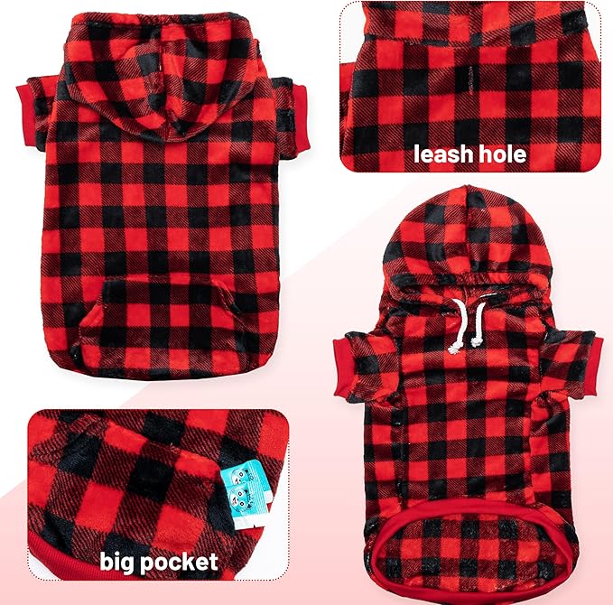 Dog Hoodie for Large Meidum Small Dogs, Winter Plaid Fleece Warm Hooded Dog Hoodies Christmas Pet Sweatshirt Clothes with Pockets for Cold Weather (S-XXL)