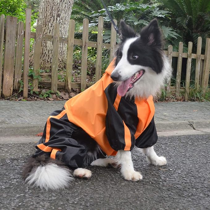 Lovelonglong Dog Hooded Raincoat, Large Dog Rain Jacket Poncho Waterproof Clothes with Hood Breathable 4 Feet Four Legs Rain Coats for Small Medium Large Pet Dogs Orange L-XS