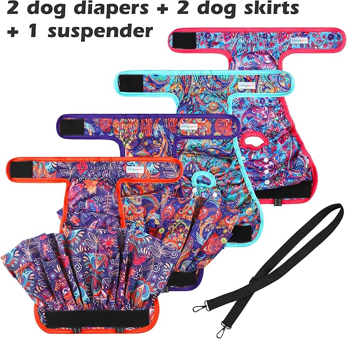 Washable Female Dog Diapers (4 Pack+1 Suspenders), Reusable Female Girl Doggy Doggie Puppy Wraps Panties Belly Band for Pet Heat Period Pooping Peeing Potty Training Incontinence Marking Small