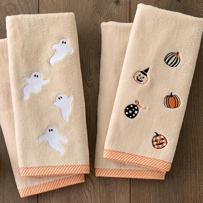 SKL Home Halloween Tossed Pumpkins 100% Cotton Embroidered 2pc Hand Towel Set, Decorative for Bath/Kitchen/Bar & Gift, Taupe