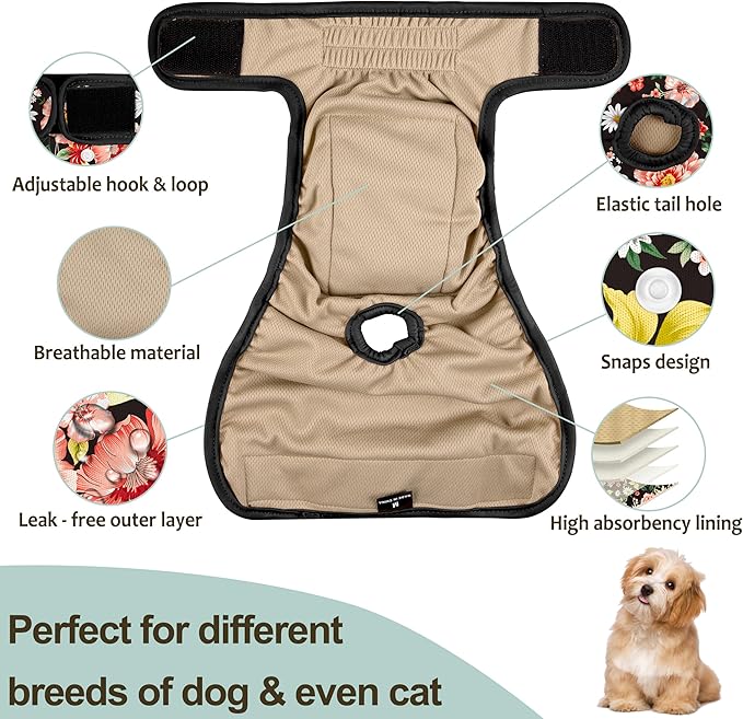 Dog Diapers Female - Reusable Diapers for Doggie in Heat - Highly Absorbent Female Dog Diapers for Pet Incontinence(Pack of 5), Flowers,S