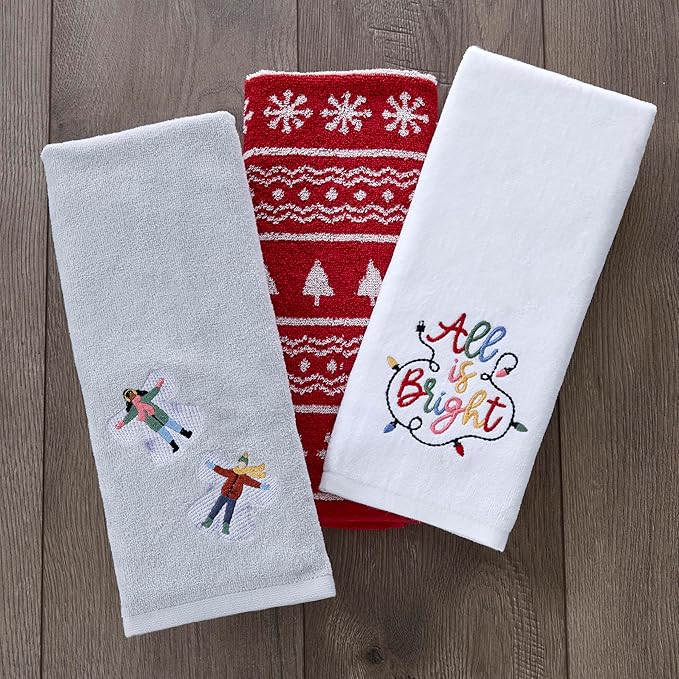 SKL Home Christmas/Winter Snow Angels Hand Towel 2pc Set for Bath/Kitchen/Bar & Gift, Gray