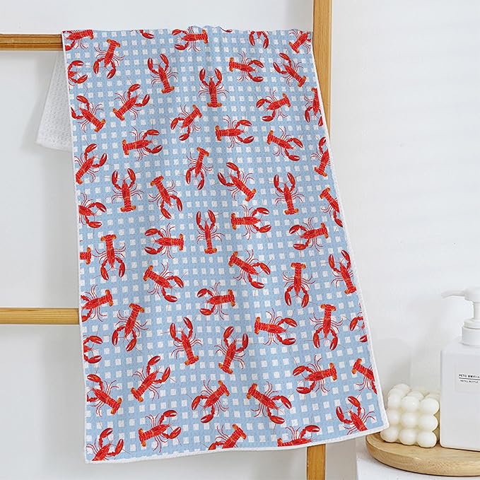 Blue White Checkered Lobster Beach Kitchen Towels, Ocean Crawfish Dish Tea Towels for Kitchen, Coastal Nautical Hand Towels for Bathroom, Seafood Boil Party Supplies, 16x24 Inch