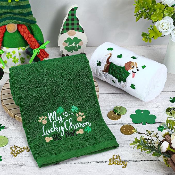 Whaline St. Patrick's Day Hand Towels Embroidered Cotton Bathroom Towel Dog Shamrock Clover Absorbent Bath Towel for Kitchen Dish Drying Cleaning Cooking, 29.5 x 13.7 Inch, 2Pcs