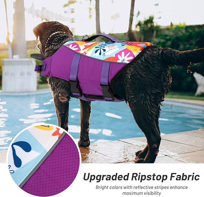 cyeollo Dog Life Jacket Printed Dog Life Vest for Swimming Boating, Adjustable Pet Safety Vest with Rescue Handle Reflective Lifejackets with Front Float for Small Medium Large Dogs, Purple L