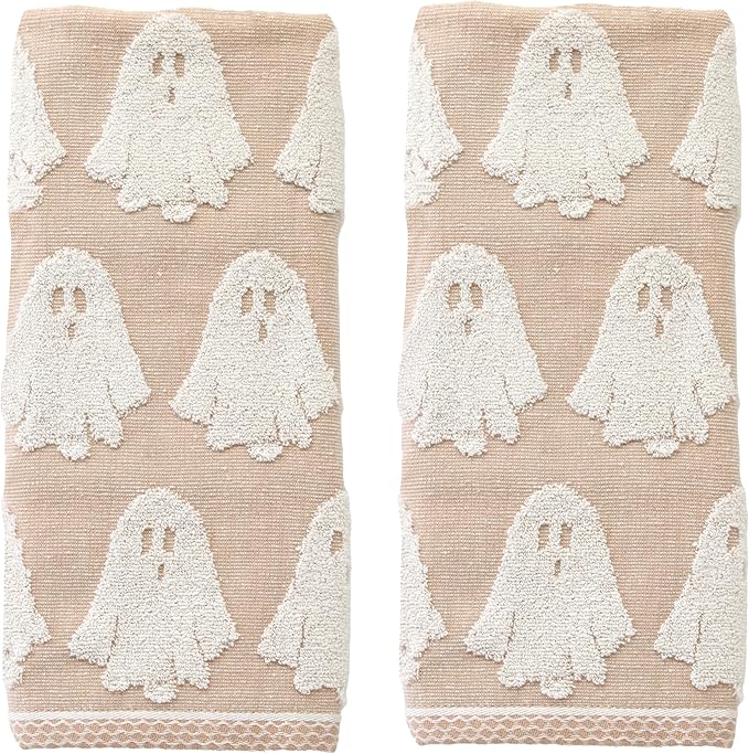 SKL Home Halloween Ghost Jacquard 100% Cotton Reversible 2pc Hand Towel Set, Soft & Absorbent, Decorative for Bath/Kitchen/Bar & Gift, Tan