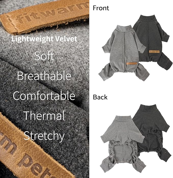 Fitwarm 2 Pack Lightweight Fleece Dog Pajamas, Warm Winter Clothes for Small Dogs Boy Girl, Cozy Pet Onesie with Feet, Dark Gray, Light Gray, XL