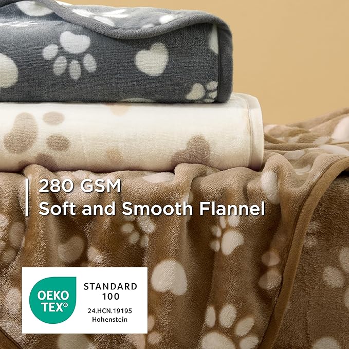 Bedsure 1 Pack 3 Pet Blankets, Super Soft Fluffy Premium Fleece Flannel Portable Throw Dog Blankets for Small Dogs, Printed Cat Puppy Blanket Paw Light Brown/Grey/Cream Small(23x16 inch)