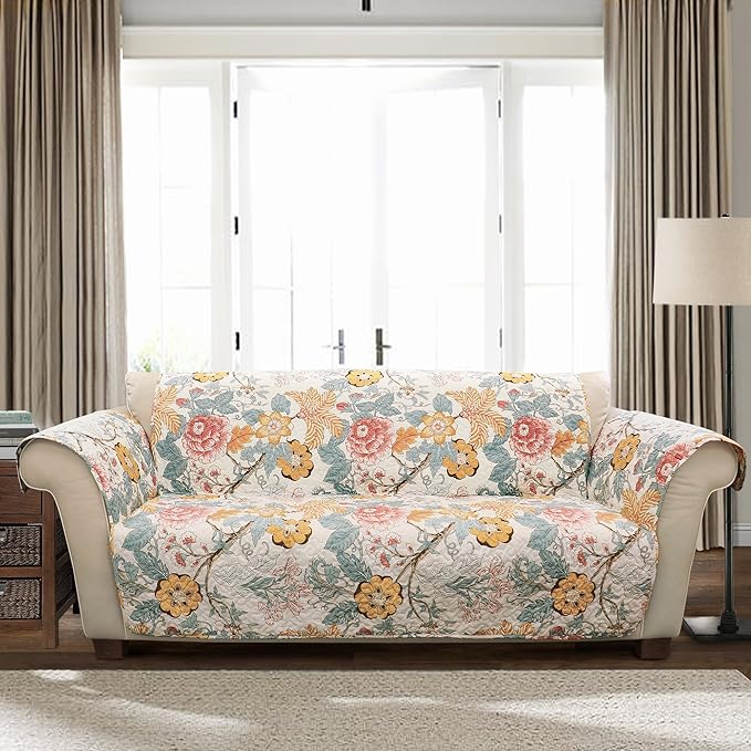 Lush Decor Sydney Furniture Protector, Couch Cover, 116" W x 75" L, Blue & Yellow - Flower Leaf Garden - Quilted Floral Sofa Cover - Country Cottage Slipcover - Pet Couch Covers