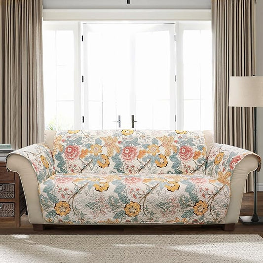 Lush Decor Sydney Furniture Protector, Couch Cover, 116" W x 75" L, Blue & Yellow - Flower Leaf Garden - Quilted Floral Sofa Cover - Country Cottage Slipcover - Pet Couch Covers