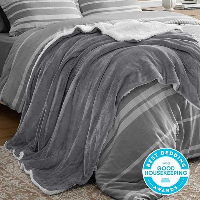 Bedsure GentleSoft Sherpa Fleece Throw Blanket for Couch, Non-Heated, Thick & Warm Cozy Blanket for Winter, Soft Fuzzy Plush Throw Gifts for Women and Men, Grey, 50x60 Inches