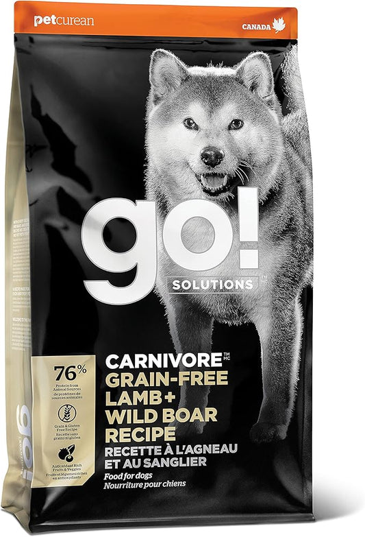 Go! Solutions Carnivore Lamb + Wild Boar Grain-Free Dry Dog Food, Our Highest-Protein Kibble Made with Real Meat, Pumpkin & Probiotics for Good Digestion, for Puppies, Adults & Seniors, 22 lb Bag