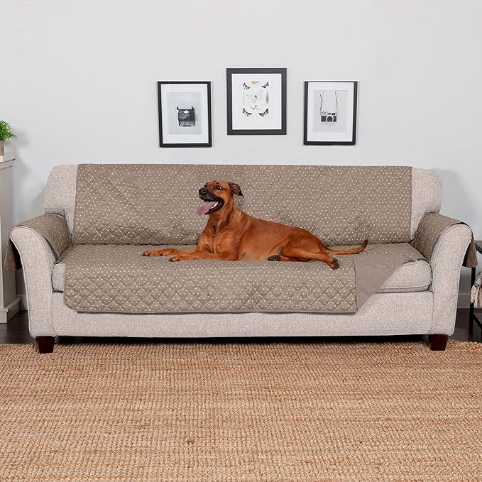 Furhaven Water-Resistant & Reversible Large Sofa/Couch Cover Protector for Dogs, Cats, & Children - Quilted Polka Paw Living Room Furniture Cover - Biscuit Brown, Large Sofa