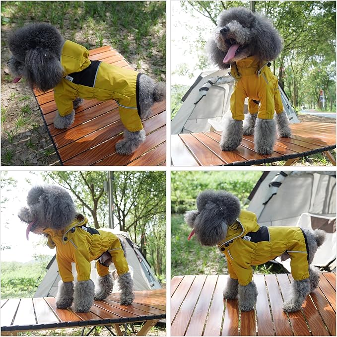 LOVELONGLONG Fleece-Lined Dog Raincoat with Removable Hood – Waterproof Winter Full Body Dog Jacket – Windproof Snowproof Cold-Weather Suit – Yellow-F 3XL