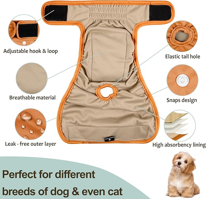 Female Dog Diapers - Premium Reusable Diapers for Doggie in Heat - Highly Absorbent Dog Diapers Female for Pet Incontinence with Adjustable Snaps Brown Black, XXL