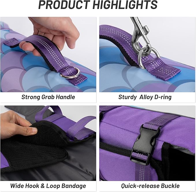 cyeollo Dog Life Jacket Reflective Mermaid Life Vest for Swimming Boating, High Buoyancy Pet Preserver Lightweight Small Dog Lifejackets with Front Float, Purple XS