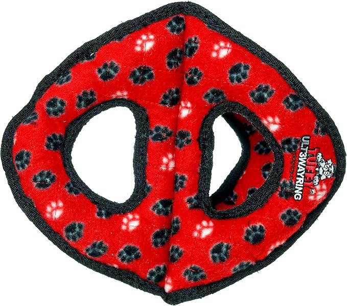 TUFFY- World's Tuffest Soft Dog Toy-Ultimate 3Way Ring -Squeakers -Multiple Layers. Made Durable, Strong & Tough. Interactive Play (Tug, Toss & Fetch). Machine Washable & Floats. (Red Paw 2 Pack)