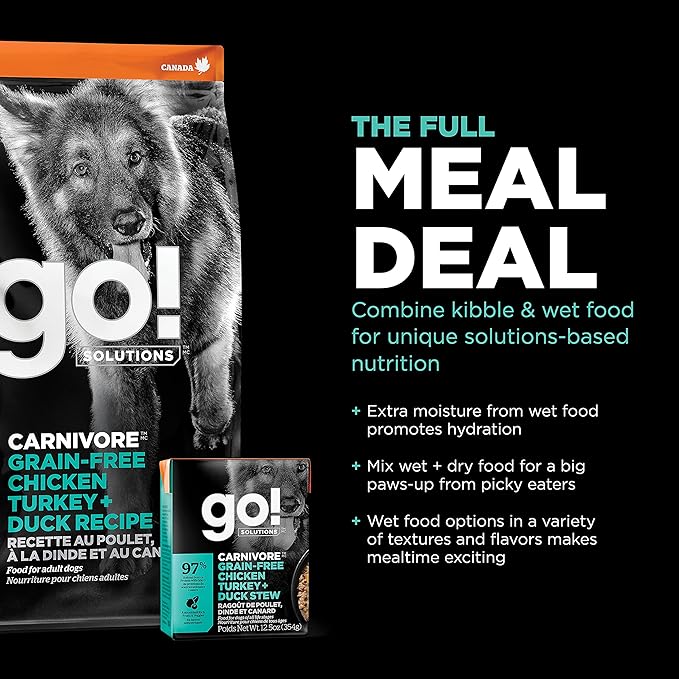 Go! Solutions Carnivore Chicken, Turkey + Duck Grain-Free Dry Adult Dog Food, Our Highest-Protein Kibble Made with Real Meat & Fish, Pumpkin & Probiotics for Good Digestion, 12 lb Bag