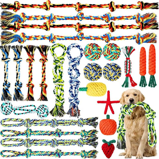 27 Pack Dog Rope Toys for Aggressive Chewers, Heavy Duty Teething Chew and Tug Toy Set for Medium and Large Dogs, Puppy Toys with Fun Fruit & Cartoon Shapes