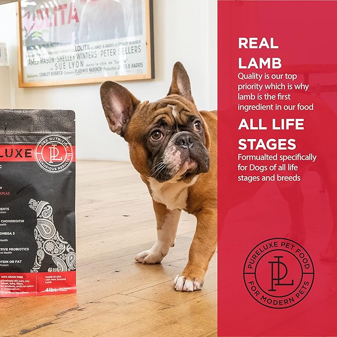PURELUXE Grain and Gluten Free Dog Food, Lamb and Chickpea Elite Nutrition, Hypoallergenic, for All Breeds and Sizes, All Life Stages, Made in The USA, 4lbs