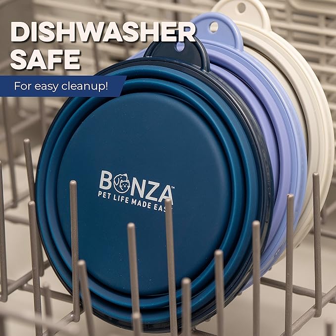 Bonza Collapsible Dog Bowls - Large 33 oz, Dog Travel Accessories, Silicone Portable Dogs Bowl & Water Dish with Reinforced Rim & Carabiner for Hiking, Camping, and Car Trips, Black