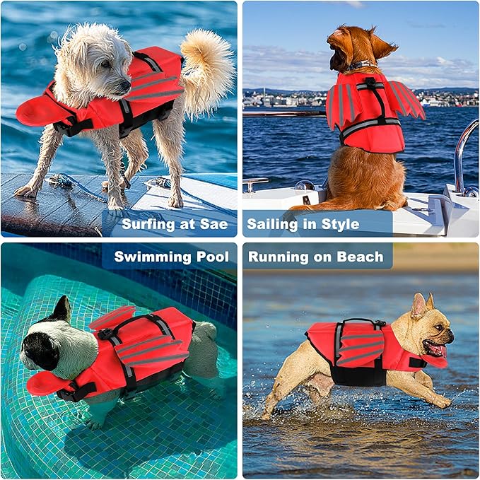 Dog Life Jacket, Cute Wings Adjustable Dog Life Vest with Chin Float and Handle for Swimming Boating Reflective High Buoyancy Swim Float Vest for Small Medium Large Dogs (Red, XS)
