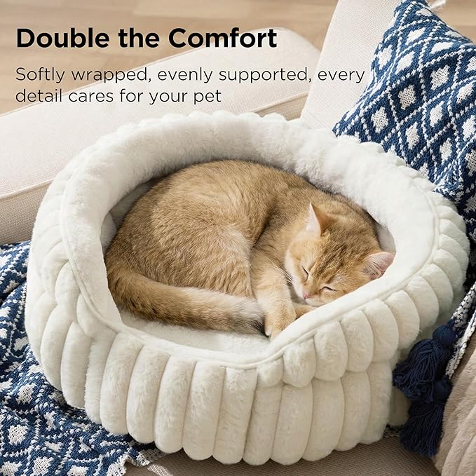 Bedsure ComfyFleece™ Cat Bed, Washable Round Cute Pet Beds for Indoor Cats, Super Soft Corduroy Kitten Bed with Anti-Slip Bottom, 20''x20''x8'', Cream