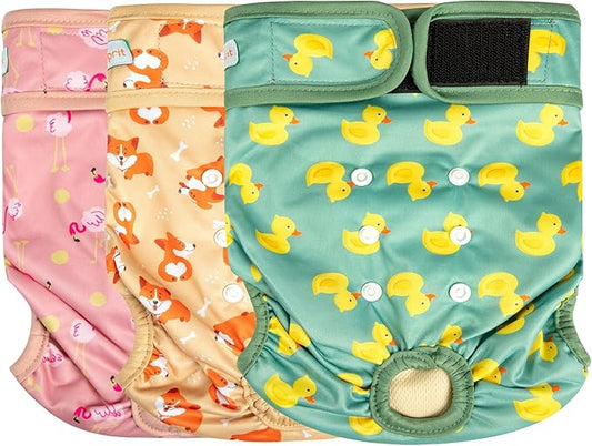 Langsprit Washable Female Dog Diapers - Doggie Reusable Diapers for Doggy Puppy Female in Period - Highly Absorbent Dog Heat Panties (Flamingo Dog Duck) XXL