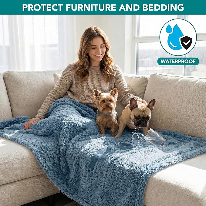 PetAmi Fluffy Waterproof Dog Blanket for Small Medium Dogs, Soft Warm Pet Sherpa Throw Pee Proof Couch Cover, Reversible Cat Puppy Bed Blanket Sofa Protector, Plush Washable Pad (Dusty Blue, 24x32)