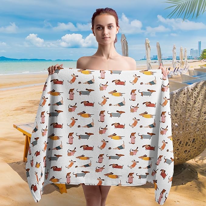 Cute Dog Dachshund Beach Towel Gifts for Women Dog Lovers Owner, Funny Dogs Wiener Microfiber Quick Dry Travel Sand Free Beach Towels Oversized Decor for Bathroom Swimming Pool 30x60 Inch