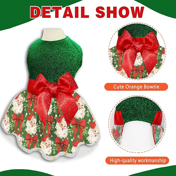 Christmas Dog Dress, Festive Holiday Pet Outfit, Shiny Green Top with Glittery Red Bow and Santa Claus Print Skirt for Boys and Girls Small Puppies