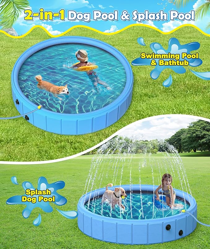 EPN Large Foldable Dog Pool – 0.55MM PVC 2-in-1 Portable Bathtub & Sprinkler for Dogs, Cats, Kids – Heavy Duty, Non-Slip, Summer Water Toy (132 in)