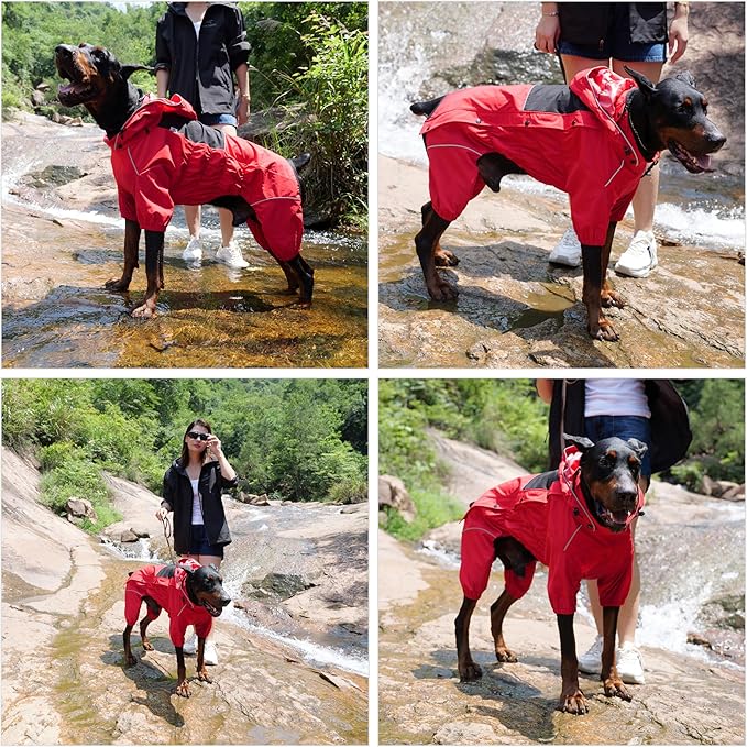 LOVELONGLONG Fleece-Lined Dog Raincoat with Removable Hood – Waterproof Winter Full Body Dog Jacket – Windproof Snowproof Cold-Weather Suit – Red-F S+