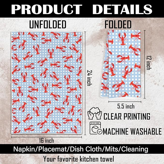 Blue White Checkered Lobster Beach Kitchen Towels, Ocean Crawfish Dish Tea Towels for Kitchen, Coastal Nautical Hand Towels for Bathroom, Seafood Boil Party Supplies, 16x24 Inch
