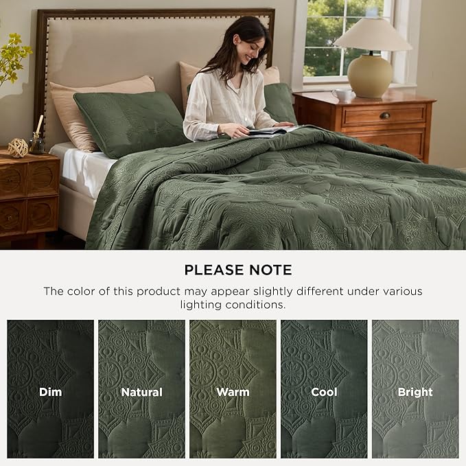 Bedsure King Size Quilt - Stitch-Free Ultrasonic Quilting, Olive Green Bedspread with Modern Vintage Mandala Embossed Pattern, Lightweight All-Season Comforter & Coverlet, 106 x 96 Inches | Stitch-Free Quilting, Ultra Soft, Lightweight, Machine Washabl...