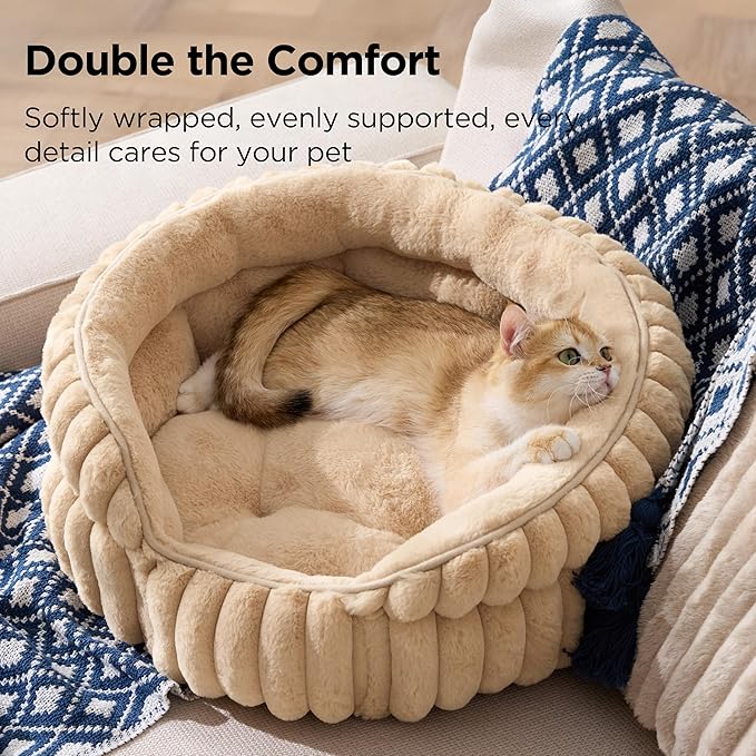 Bedsure ComfyFleece™ Cat Bed, Washable Round Cute Pet Beds for Indoor Cats, Super Soft Corduroy Kitten Bed with Anti-Slip Bottom, 20''x20''x8'', Sandy Beige
