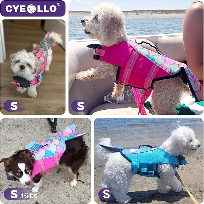 cyeollo Dog Life Jacket Mermaid Dog Safety Vest with Rescue Handle Refletive Strip Small Dogs Life Vests for Swimming Boating, Pink S