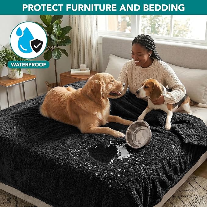 PetAmi Fluffy Waterproof Dog Blanket for Bed Large Dogs, Soft Warm Pet Sherpa Throw Pee Proof Couch Cover, Reversible Cat Blanket Sofa Crate Kennel Protector, Washable Mat (Black, 60x80)