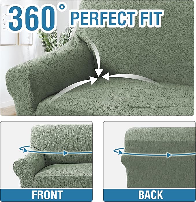 H.VERSAILTEX Jacquard Slip Covers for Sofas/Couches 1 Piece Super Stretch Sofa Covers Anti-Slip Furniture Protector Soft Thickened Dogs Slipcovers Washable Damask Pattern(Sofa, Sea Grass)